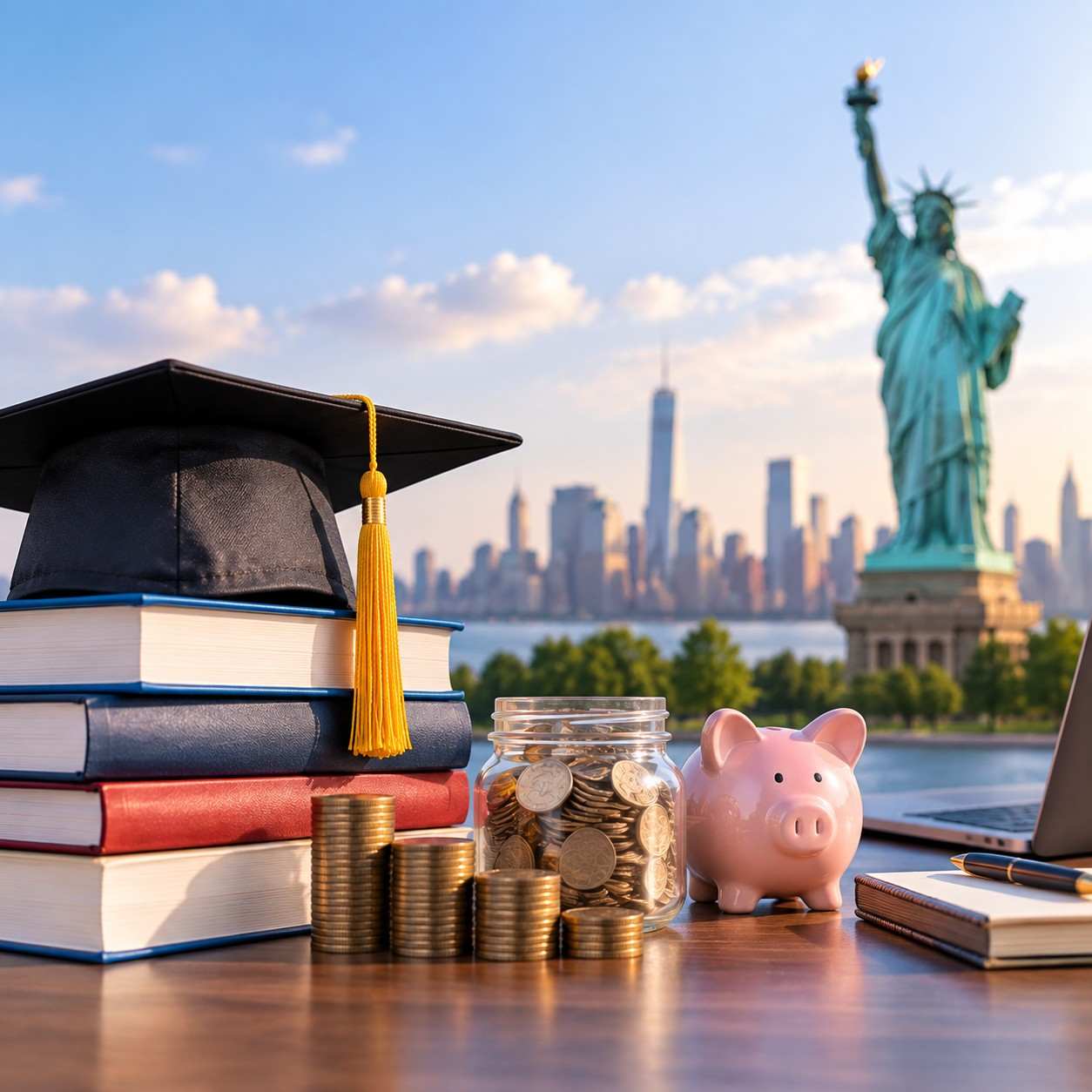 Reducing MBA costs in USA represented by a graduation cap, books, savings jar, piggy bank and financial planning elements with a US city background